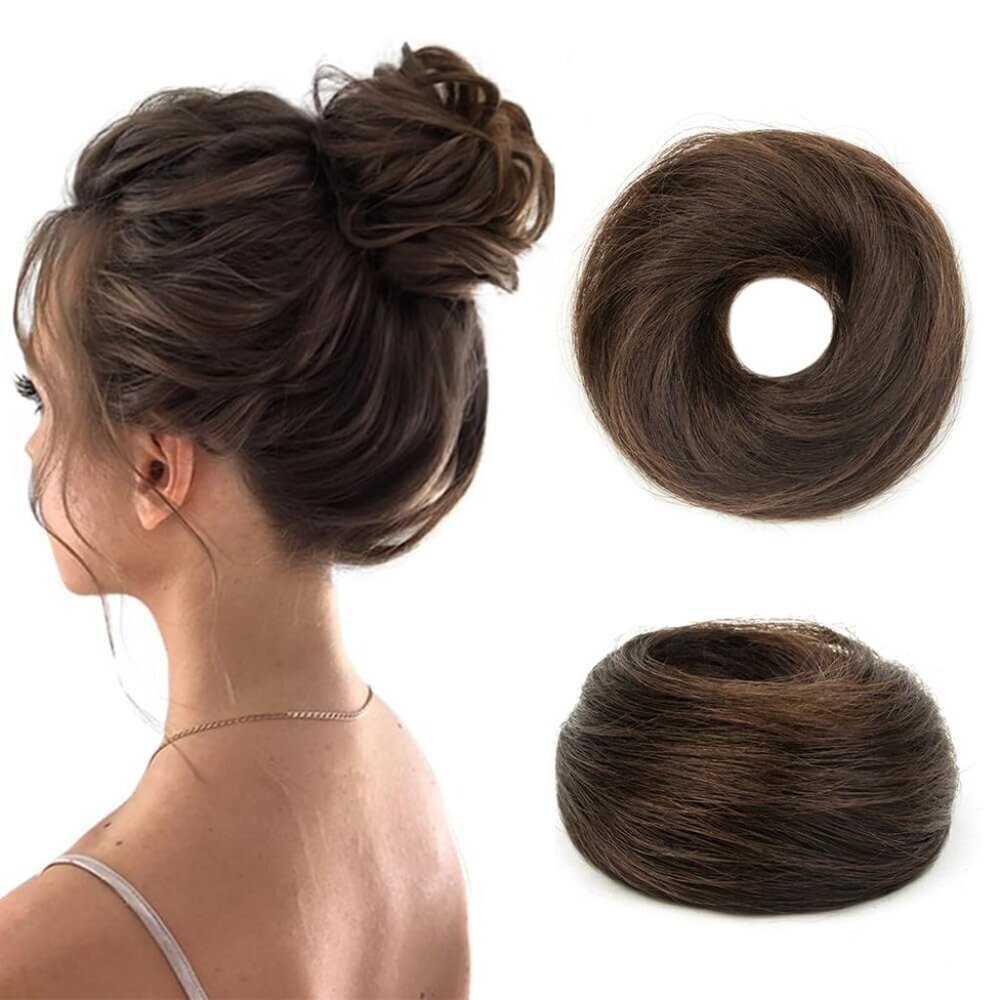 Human Hair Bun Hair Piece Elastic Rubber Band Dark Brown Updo Chignons